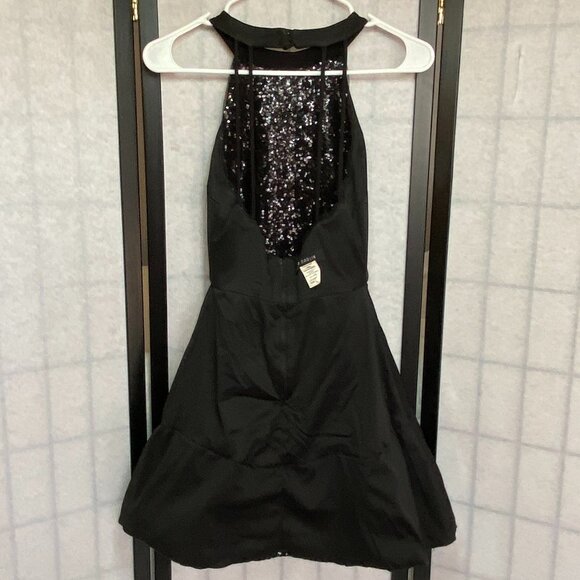 B Darlin Sequin High Neck Halter Open Back Ruffle Hem Mini Dress Black - Picture 8 of 15